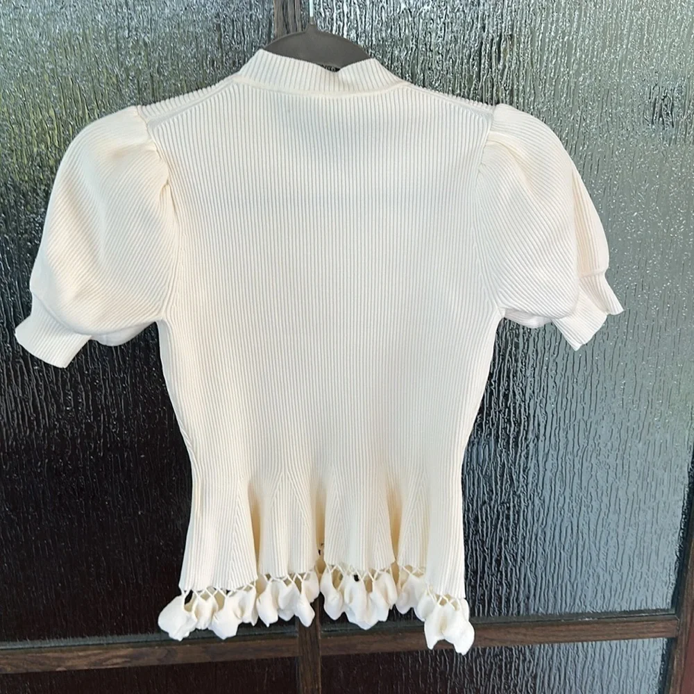 Ulla Johnson Ivory Knit Puff-Sleeve Peplum Top